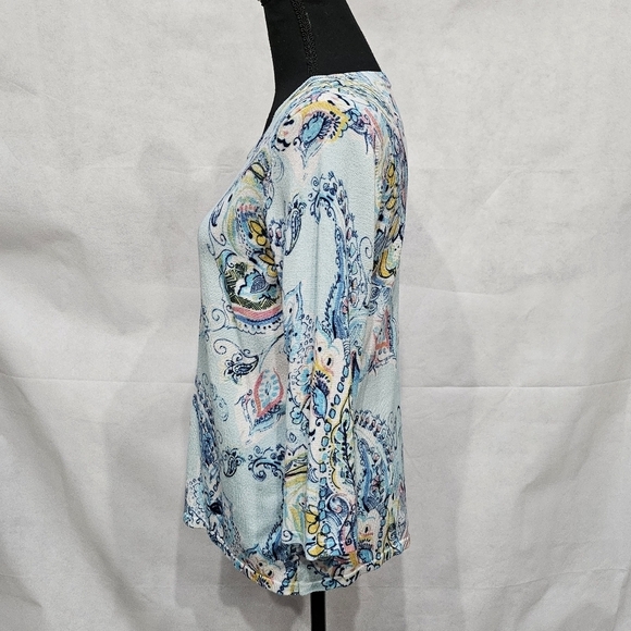 Chico's Paisley Blue Yellow Square Neck Top 72% Rayon 28% Nylon Sz 0 or S - Picture 5 of 7